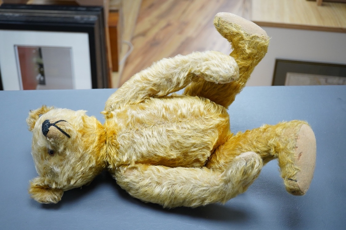 A Steiff cinnamon plush Teddy bear, stitched snout and glass eyes, jointed limbs, button in ear, circa 1910, 43cm